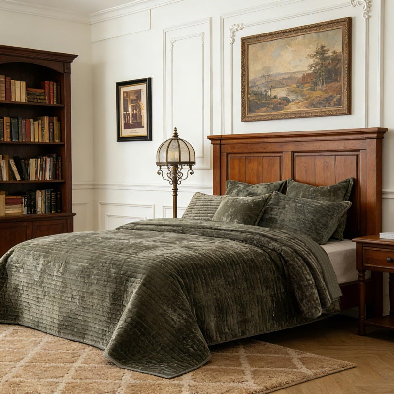 COCOPLOCEUS 3 Pieces Luxurious Velvet Oversized King Quilt Bedding Set 120x128 Striped Bedspread Coverlet Quilted Set with 2 Pillow Shams 20x36 Ultra Soft Comforter for All Season, Army Green - Image 1