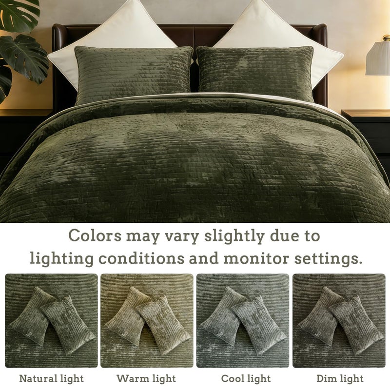 COCOPLOCEUS 3 Pieces Luxurious Velvet Oversized King Quilt Bedding Set 120x128 Striped Bedspread Coverlet Quilted Set with 2 Pillow Shams 20x36 Ultra Soft Comforter for All Season, Army Green - Image 2
