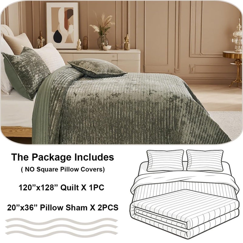 COCOPLOCEUS 3 Pieces Luxurious Velvet Oversized King Quilt Bedding Set 120x128 Striped Bedspread Coverlet Quilted Set with 2 Pillow Shams 20x36 Ultra Soft Comforter for All Season, Army Green - Image 5