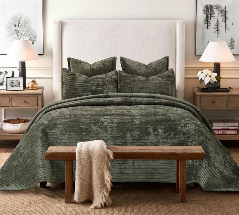COCOPLOCEUS 3 Pieces Luxurious Velvet Oversized King Quilt Bedding Set 120x128 Striped Bedspread Coverlet Quilted Set with 2 Pillow Shams 20x36 Ultra Soft Comforter for All Season, Army Green - Image 4