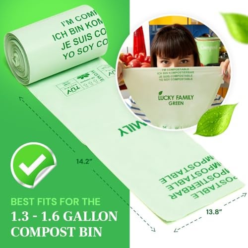 INNOTAK Lucky Family Green Compost Bags for Kitchen Countertop Bin -1.3 gallon trash bags to 1.6 Gallon trash bags - 100% Compostable Trash Bags for Food Waste, Organic Biodegradable Bags - Image 5