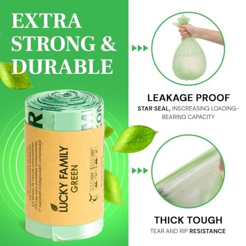 INNOTAK Lucky Family Green Compost Bags for Kitchen Countertop Bin -1.3 gallon trash bags to 1.6 Gallon trash bags - 100% Compostable Trash Bags for Food Waste, Organic Biodegradable Bags - Image 2