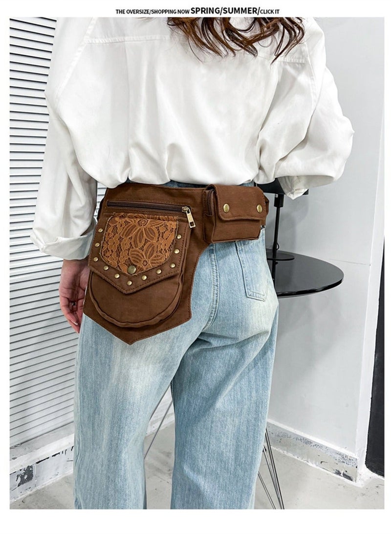 واي آند دي Vintage Drop Leg Bag for Women, Lace Waist Renaissance Festival Hip Belt Sports Hiking Travel, Brown - Image 3