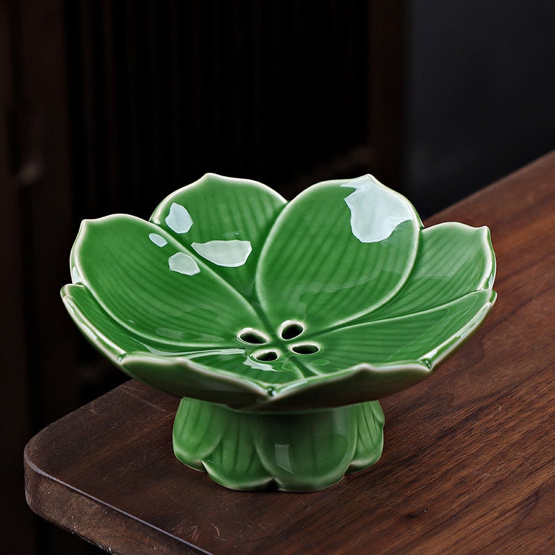 Drainable Ceramic High-foot Lotus Fruit Plate Creative Dried Fruit Plate Fruit Plate Chinese Tray Refreshment Tray Household Living RoomLotus drain fruit plate-gem Green Lotus drain fruit plate-gem Green 