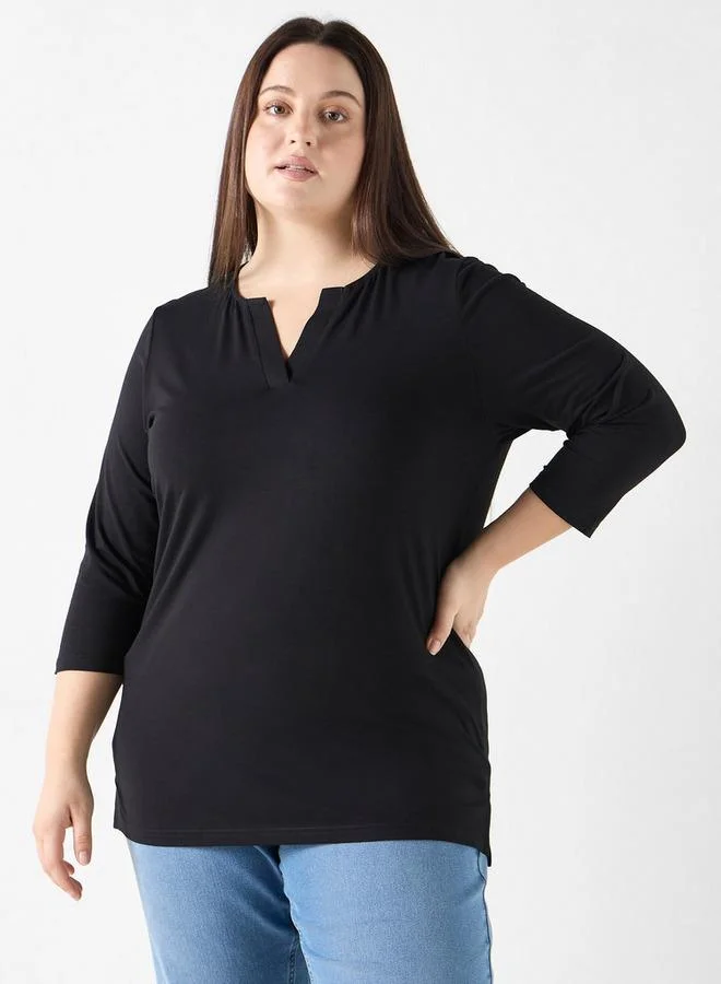 Ulla Popken Plus Size Ulla Popken V-neck 3/4 Sleeves T-shirt