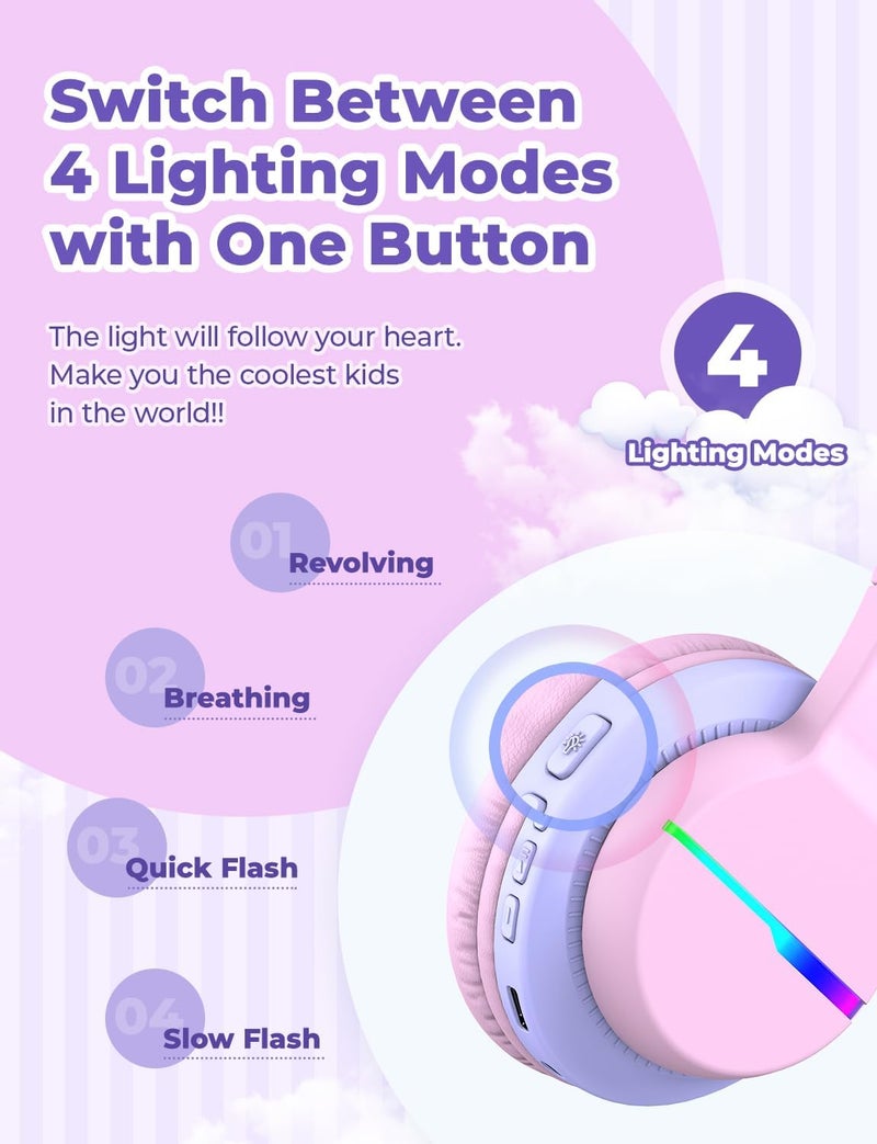 iClever Bluetooth Kids Headphones, BTH12 Colorful LED Lights Kids Wireless Headphones Over Ear with 74/85/94dB Volume Limited, 55H Playtime, Bluetooth 5.2, Built-in Mic for School/Tablet/PC - Image 2