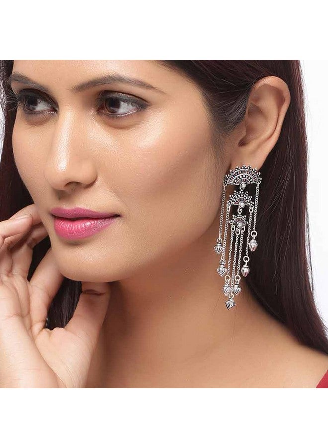 Voylla Oxidised Silver Plating Brass Mandala Design Tassels Dangler Earrings for Women and Girls - Image 3