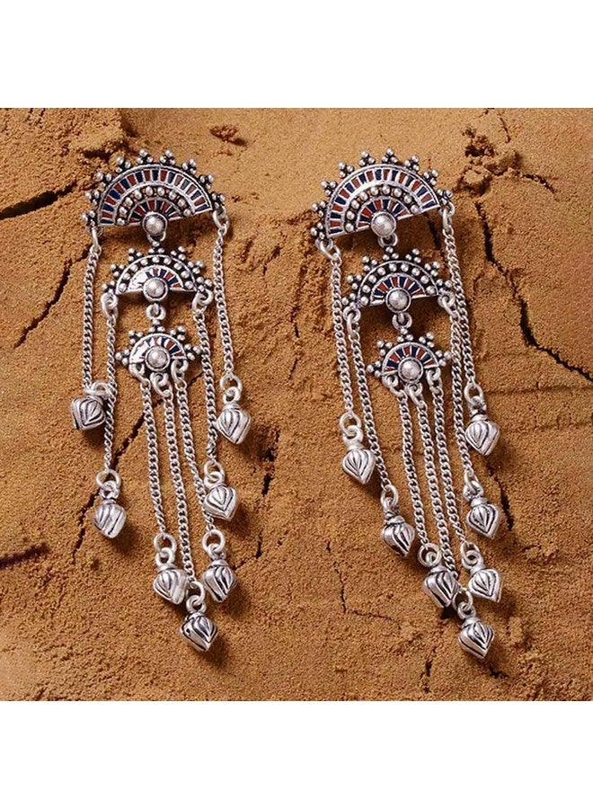Voylla Oxidised Silver Plating Brass Mandala Design Tassels Dangler Earrings for Women and Girls - Image 2