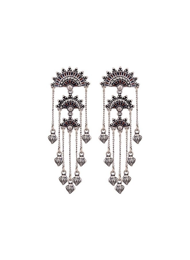 Voylla Oxidised Silver Plating Brass Mandala Design Tassels Dangler Earrings for Women and Girls - Image 1