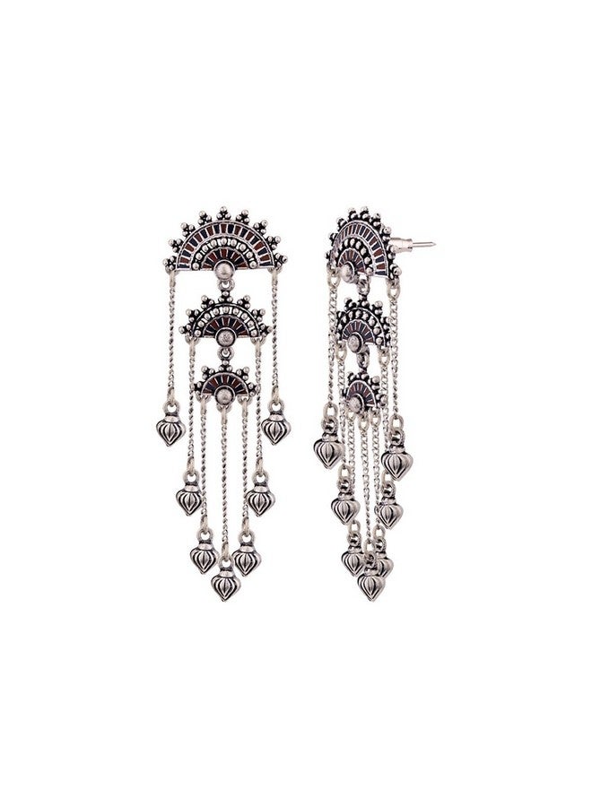 Voylla Oxidised Silver Plating Brass Mandala Design Tassels Dangler Earrings for Women and Girls - Image 4