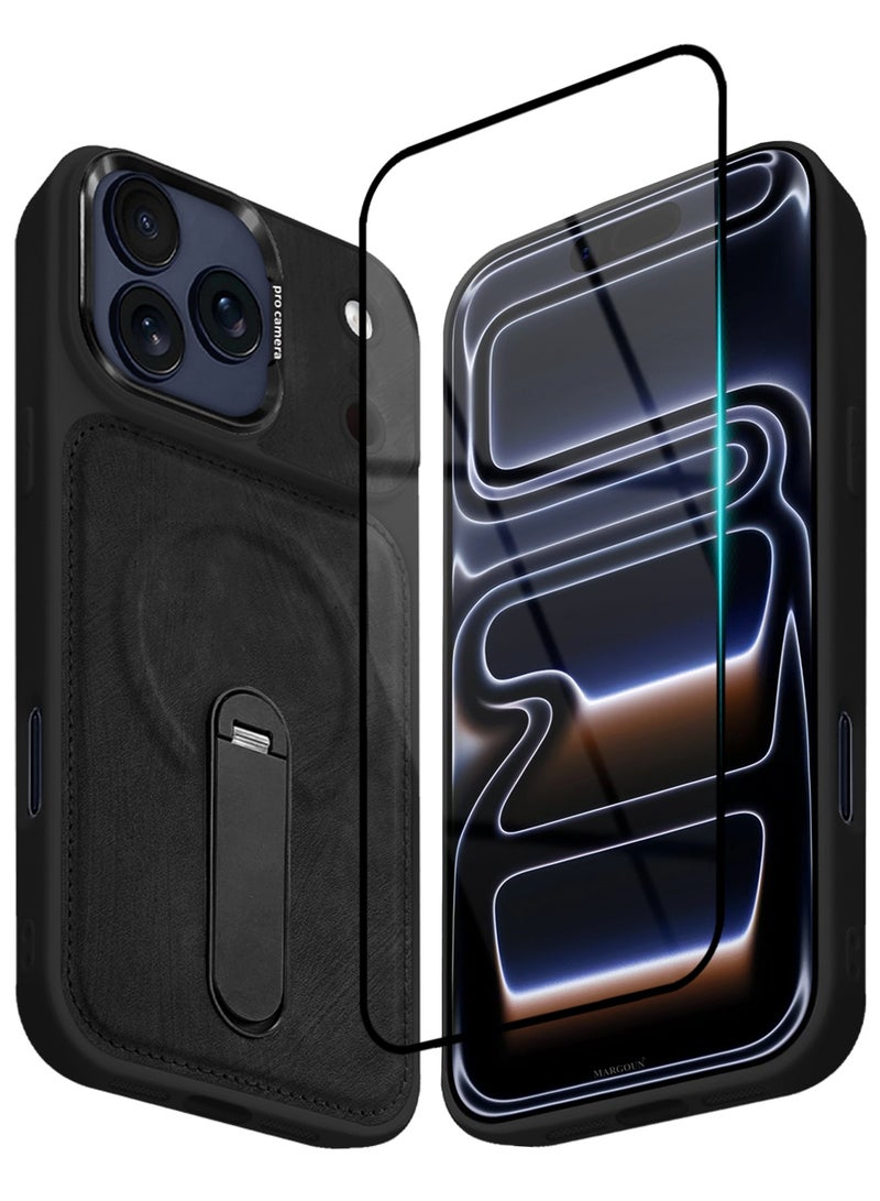 MAXORA 2 Pack Alcantara Soft Case for iPhone 17 Pro Max Case 6.9'' Compatible with Magsafe, One Case One 3D Screen Protector, Leather Protective Cover with Kickstand 360 Rotation - Black - Image 2