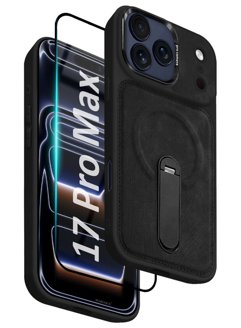 MAXORA 2 Pack Alcantara Soft Case for iPhone 17 Pro Max Case 6.9'' Compatible with Magsafe, One Case One 3D Screen Protector, Leather Protective Cover with Kickstand 360 Rotation - Black - Image 1