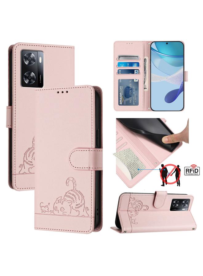 S-TOP Case For OPPO A77 4G Global Cat Rat Embossed Pattern RFID Leather Phone Case with Lanyard - Image 1