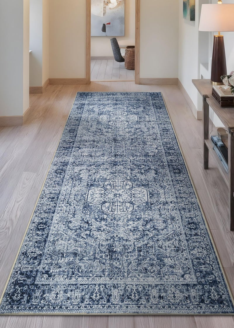Bloom Rugs Washable Non-Slip 7 ft Runner - Ivory/Denim Blue Traditional Medallion Runner for Entryway, Hallway, Bathroom, and Kitchen - Exact Size: 2.5' x 7' - Image 2
