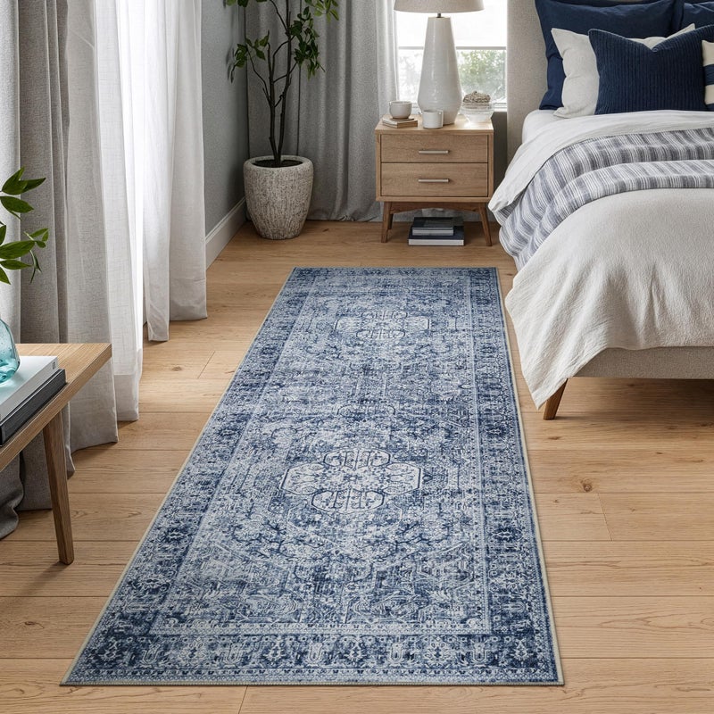 Bloom Rugs Washable Non-Slip 7 ft Runner - Ivory/Denim Blue Traditional Medallion Runner for Entryway, Hallway, Bathroom, and Kitchen - Exact Size: 2.5' x 7' - Image 3