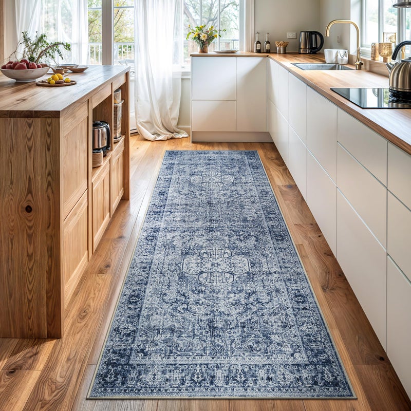 Bloom Rugs Washable Non-Slip 7 ft Runner - Ivory/Denim Blue Traditional Medallion Runner for Entryway, Hallway, Bathroom, and Kitchen - Exact Size: 2.5' x 7' - Image 1