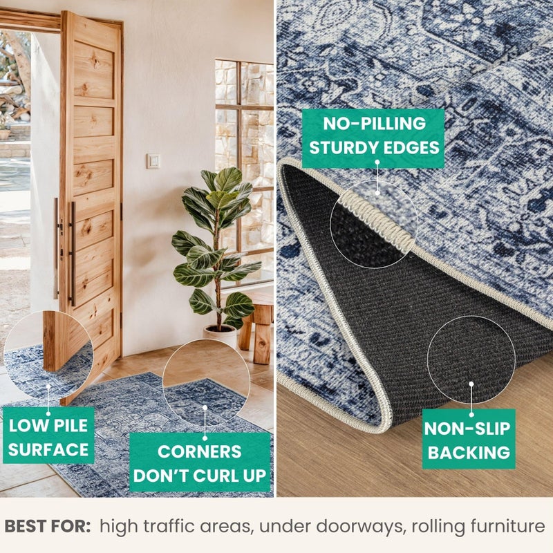 Bloom Rugs Washable Non-Slip 7 ft Runner - Ivory/Denim Blue Traditional Medallion Runner for Entryway, Hallway, Bathroom, and Kitchen - Exact Size: 2.5' x 7' - Image 4
