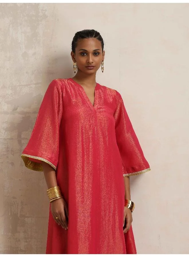 trueBrowns Hot Pink Tissue Flared Kurta Set