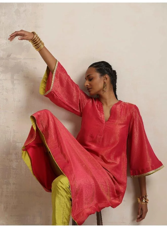 trueBrowns Hot Pink Tissue Flared Kurta Set