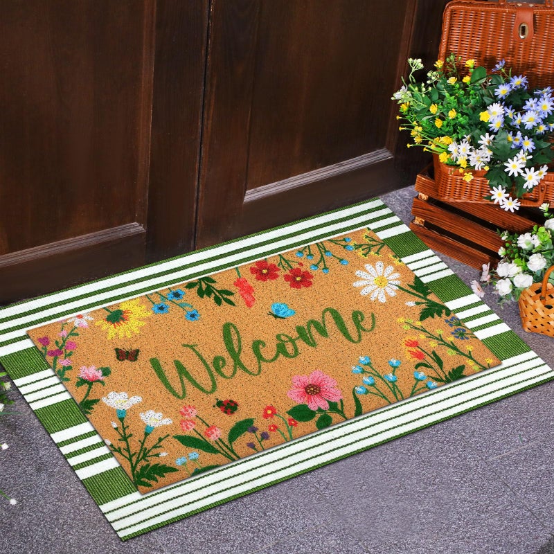 Tinideya 2 Pcs Spring Welcome Door Mat Floral Outdoor Layered Doormats for Front Door Non Slip Wildflower Coir Floor Mat Green White Stripe Rugs for Outside Front Porch Entryway Decor - Image 2