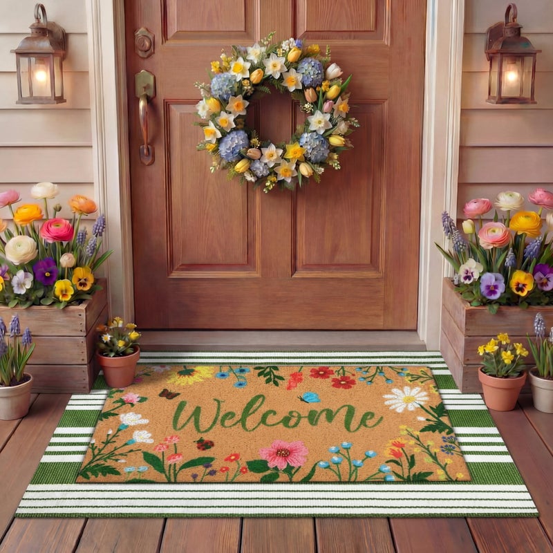 Tinideya 2 Pcs Spring Welcome Door Mat Floral Outdoor Layered Doormats for Front Door Non Slip Wildflower Coir Floor Mat Green White Stripe Rugs for Outside Front Porch Entryway Decor - Image 1
