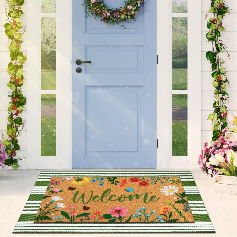 Tinideya 2 Pcs Spring Welcome Door Mat Floral Outdoor Layered Doormats for Front Door Non Slip Wildflower Coir Floor Mat Green White Stripe Rugs for Outside Front Porch Entryway Decor - Image 5
