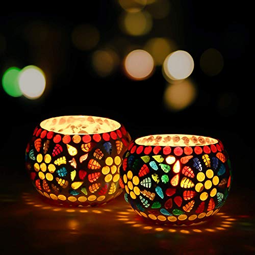 WebelKart Set of 2 Mosaic Glass TeaLight Votive Candle Holder with Tea Light Candles for Living Room Table Home Decor Indoor Outdoor - Christmas Decorations Items (Multicolor, Glass) - Image 1