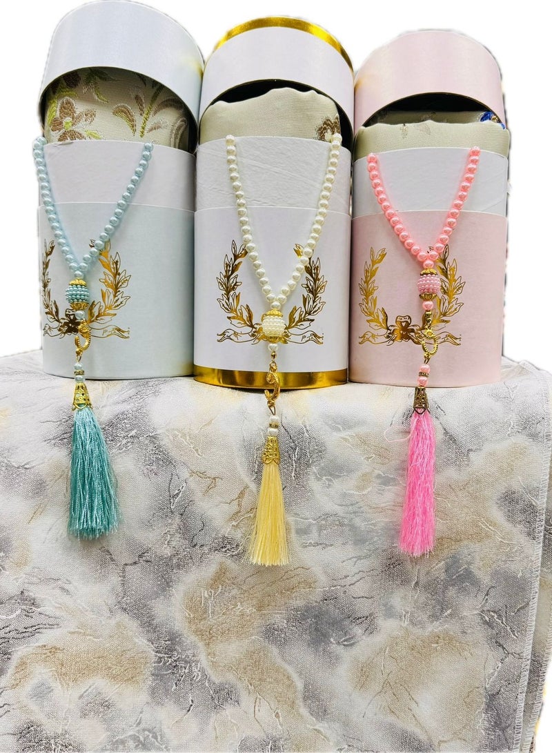 Elegant Prayer Box featuring a lightweight prayer mat and a pearl-like beaded misbaha. A thoughtful and refined gift, perfect for various occasions such as Hajj, Umrah, Ramadan, and Eid. - Image 1