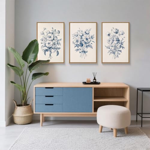 KAIRNE Navy Blue Floral Framed Canvas Wall Art Set,Vintage Botanical Flower Wall Decor,Modern Minimalist Bouquet Art Prints,Neutral Rose Artwork for Living Room,Bedroom,Farmhouse,Office-16 x24 x3 - Image 3