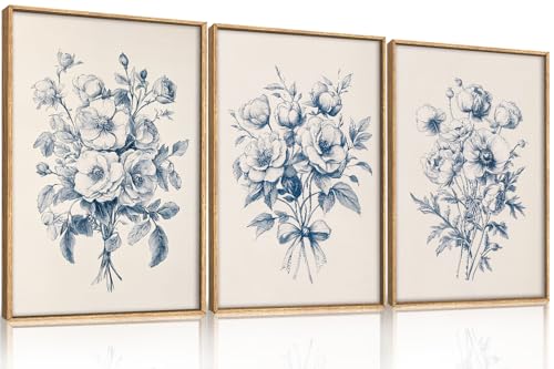 KAIRNE Navy Blue Floral Framed Canvas Wall Art Set,Vintage Botanical Flower Wall Decor,Modern Minimalist Bouquet Art Prints,Neutral Rose Artwork for Living Room,Bedroom,Farmhouse,Office-16 x24 x3 - Image 1