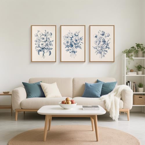 KAIRNE Navy Blue Floral Framed Canvas Wall Art Set,Vintage Botanical Flower Wall Decor,Modern Minimalist Bouquet Art Prints,Neutral Rose Artwork for Living Room,Bedroom,Farmhouse,Office-16 x24 x3 - Image 2