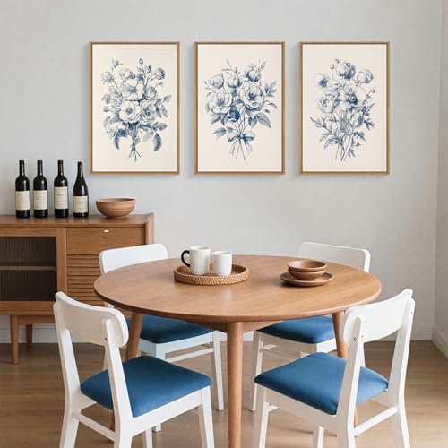KAIRNE Navy Blue Floral Framed Canvas Wall Art Set,Vintage Botanical Flower Wall Decor,Modern Minimalist Bouquet Art Prints,Neutral Rose Artwork for Living Room,Bedroom,Farmhouse,Office-16 x24 x3 - Image 4