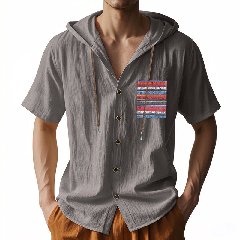 -style Summer Linen Men''s Short-sleeved Thin Bohemian Breathable Loose Hooded T-shirt for Men - Image 3