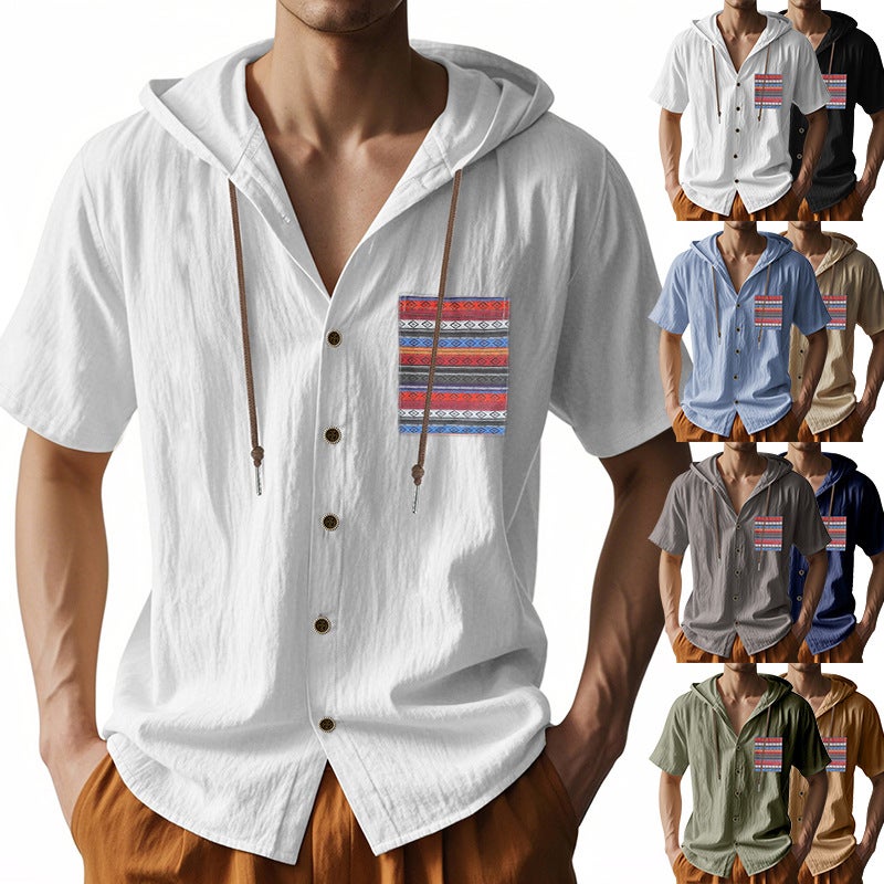 -style Summer Linen Men''s Short-sleeved Thin Bohemian Breathable Loose Hooded T-shirt for Men - Image 2