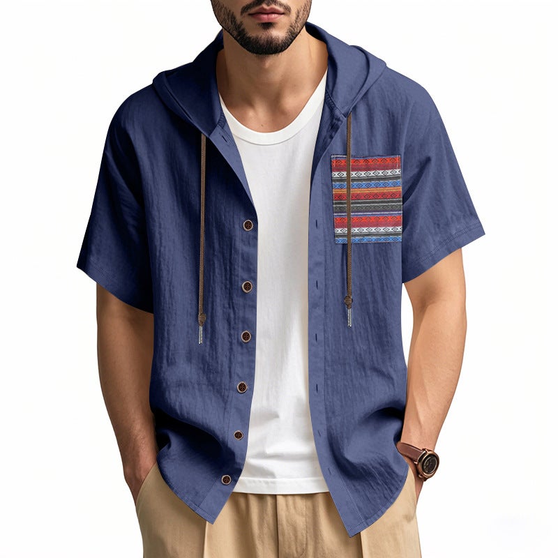 -style Summer Linen Men''s Short-sleeved Thin Bohemian Breathable Loose Hooded T-shirt for Men - Image 1