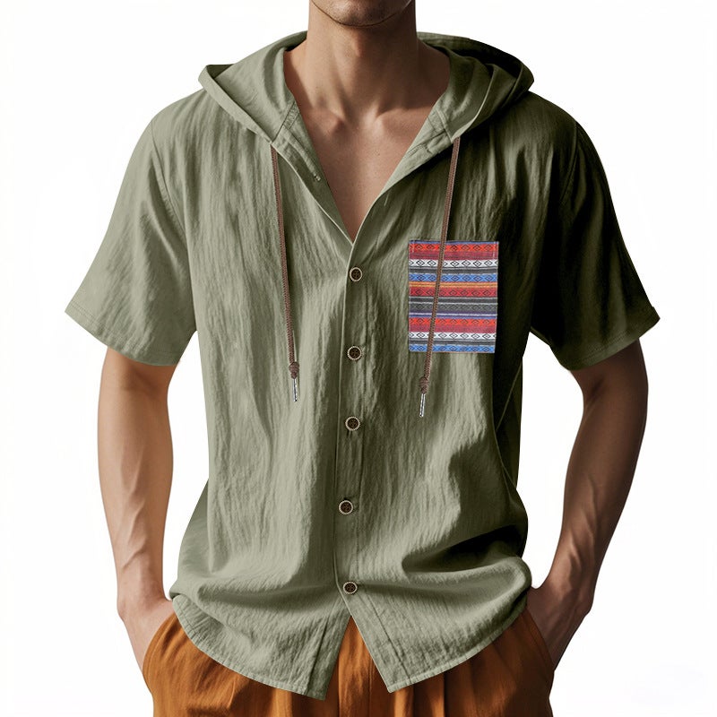 -style Summer Linen Men''s Short-sleeved Thin Bohemian Breathable Loose Hooded T-shirt for Men - Image 5