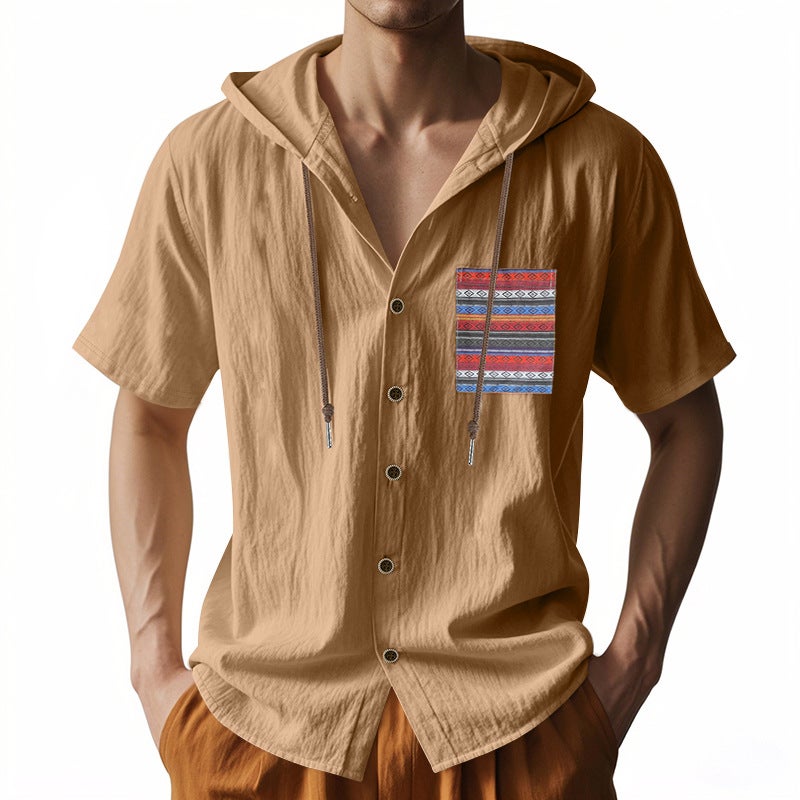 -style Summer Linen Men''s Short-sleeved Thin Bohemian Breathable Loose Hooded T-shirt for Men - Image 4