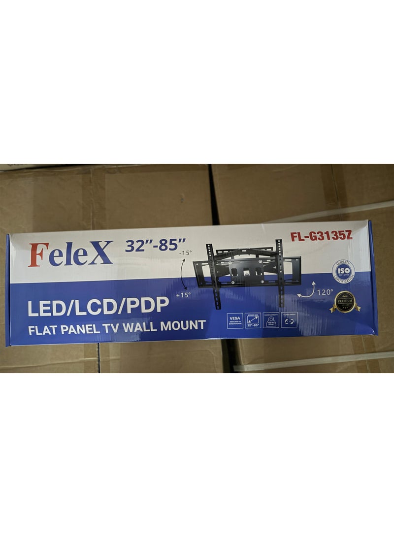 FeleX حامل تلفاز حائط متحرك بالكامل لشاشات 32-85 بوصة - دوران، ميل، وتمديد أسود - Image 1