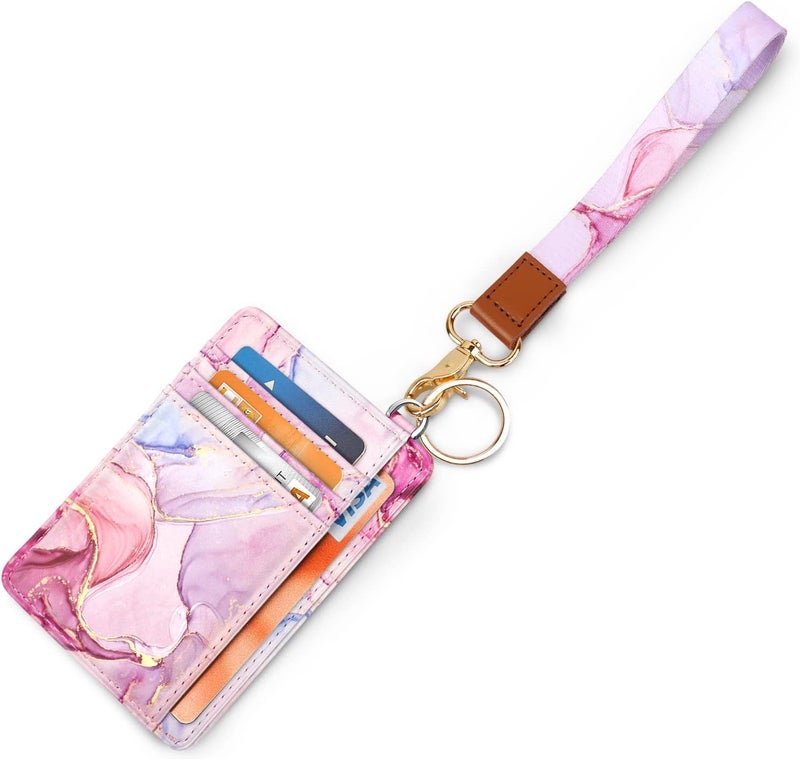 Coco Rossi Slim Front Pocket Wallet RFID ID Card Holder Cute Small Wallet with Wrist Lanyards Key Chain Holder for Women,Pink Marble - Image 1