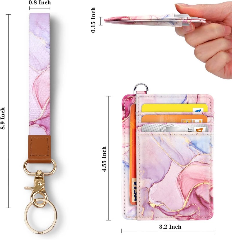 Coco Rossi Slim Front Pocket Wallet RFID ID Card Holder Cute Small Wallet with Wrist Lanyards Key Chain Holder for Women,Pink Marble - Image 2