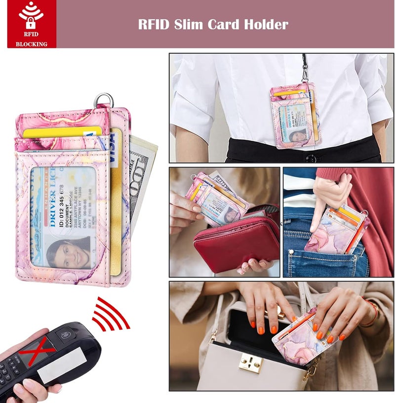 Coco Rossi Slim Front Pocket Wallet RFID ID Card Holder Cute Small Wallet with Wrist Lanyards Key Chain Holder for Women,Pink Marble - Image 5