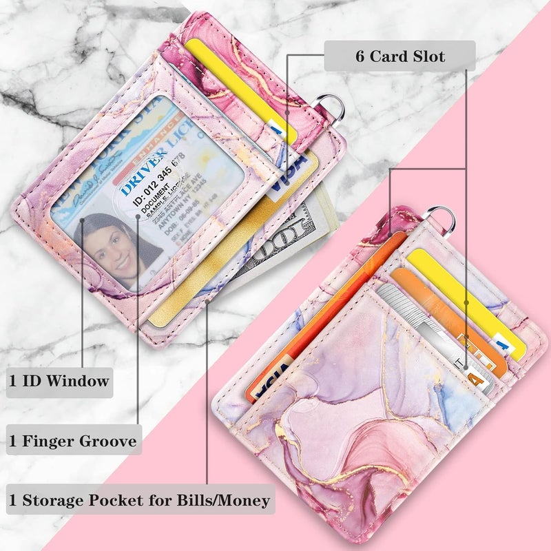 Coco Rossi Slim Front Pocket Wallet RFID ID Card Holder Cute Small Wallet with Wrist Lanyards Key Chain Holder for Women,Pink Marble - Image 4