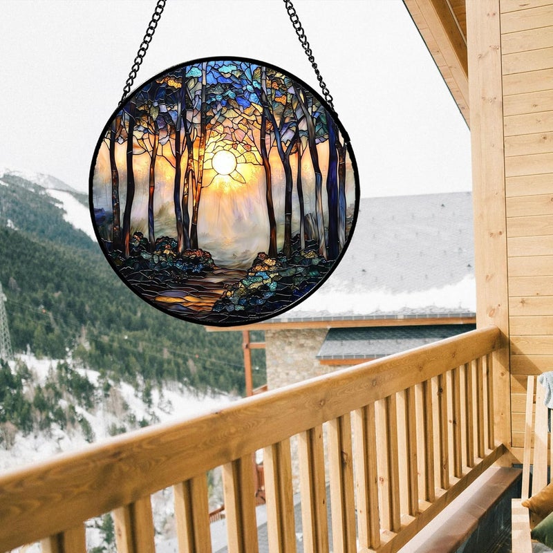 DASTOLL Stained Glass Window Hanging, Forest Sunrise Smoke Blue Brown Tree Suncatcher for Doors Window Home Landscape Sun Catchers Decor Mother's Day Birthday Gifts for Women, Men Mom 6.3 in - Image 3