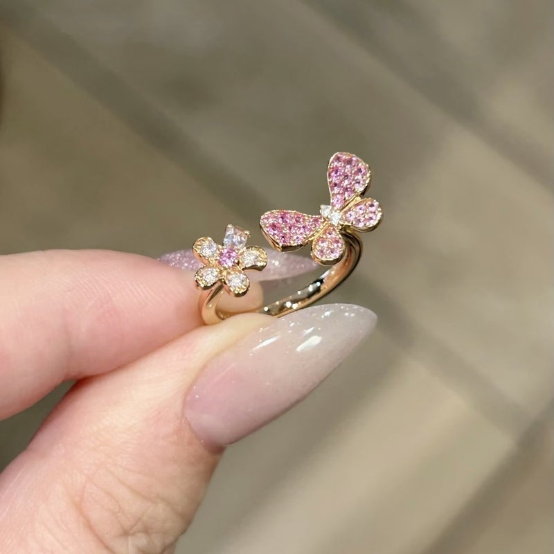 Vintage Butterfly Fairy Pinky Ring with Red Zircon & Yellow Diamond Gold Tone Open Ring for Women, Minimalist Luxury Design