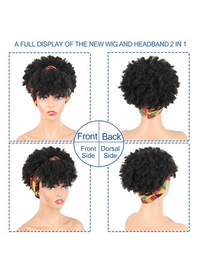 Aisaide Headband Wrap Wigs for Black Women,Synthetic Short Afro Curly Black Wig with Bangs Scarf Wig Wrap Wigs 2 in 1 Afro Headwrap Wig with Headband Attached Dark Brown High Puff Ponytail - Image 2