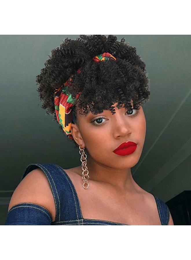Aisaide Headband Wrap Wigs for Black Women,Synthetic Short Afro Curly Black Wig with Bangs Scarf Wig Wrap Wigs 2 in 1 Afro Headwrap Wig with Headband Attached Dark Brown High Puff Ponytail - Image 1