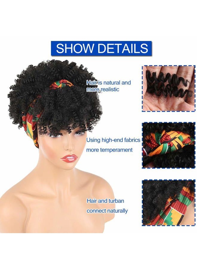 Aisaide Headband Wrap Wigs for Black Women,Synthetic Short Afro Curly Black Wig with Bangs Scarf Wig Wrap Wigs 2 in 1 Afro Headwrap Wig with Headband Attached Dark Brown High Puff Ponytail - Image 5