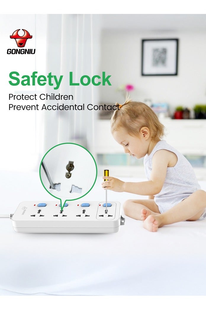 غونغنيو مشترك كهربائي عالمي مع 4 منافذ بطول 3 أمتار – سلك تمديد بمحول مقابس متعدد، واقي من زيادة التيار، تصميم جداري، كابل طويل متين - Image 3