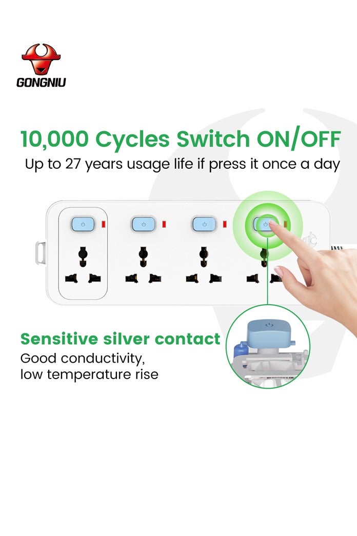 غونغنيو مشترك كهربائي عالمي مع 4 منافذ بطول 3 أمتار – سلك تمديد بمحول مقابس متعدد، واقي من زيادة التيار، تصميم جداري، كابل طويل متين - Image 4