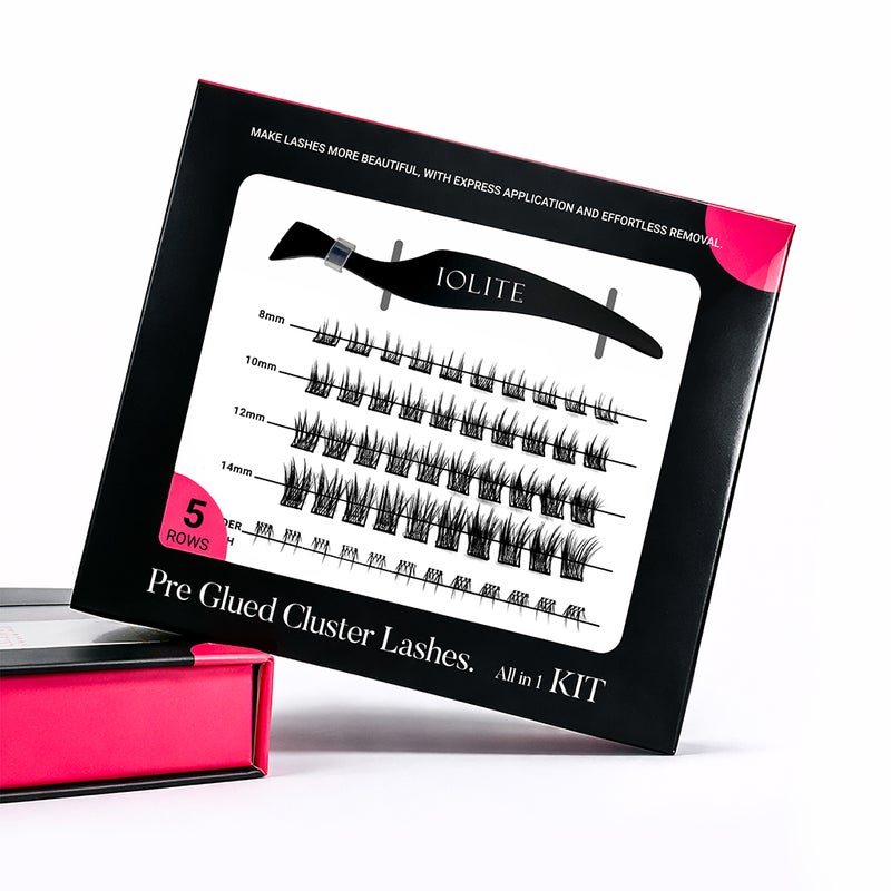 DIY Lash Clusters – Iolite Pre-Glued Premade Lash Kit, Self-Adhesive Russian Eyelash Extensions Fluffy Wispy Cat Eye False Lashes Premade Volume & Classic Clusters Easy Apply with Tweezers, Reusable